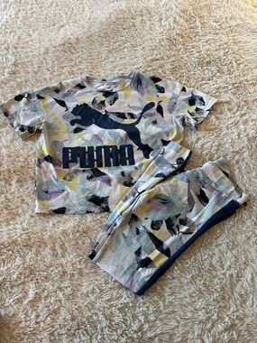 Puma Women’s Multicolor Pastel Abstract Short Sleeve Lounge Set with Navy Logo